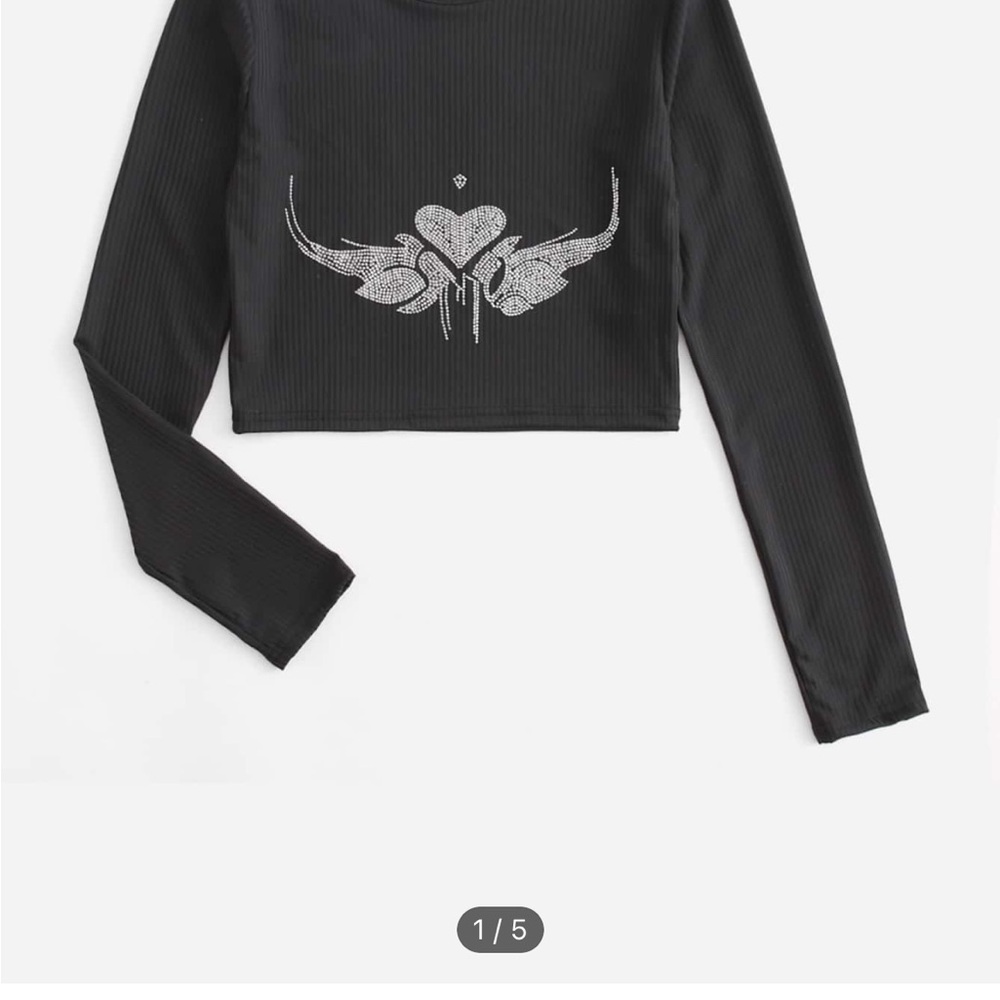 Black Long Sleeve slight Crop Top with Silver rhinestone bedazzles